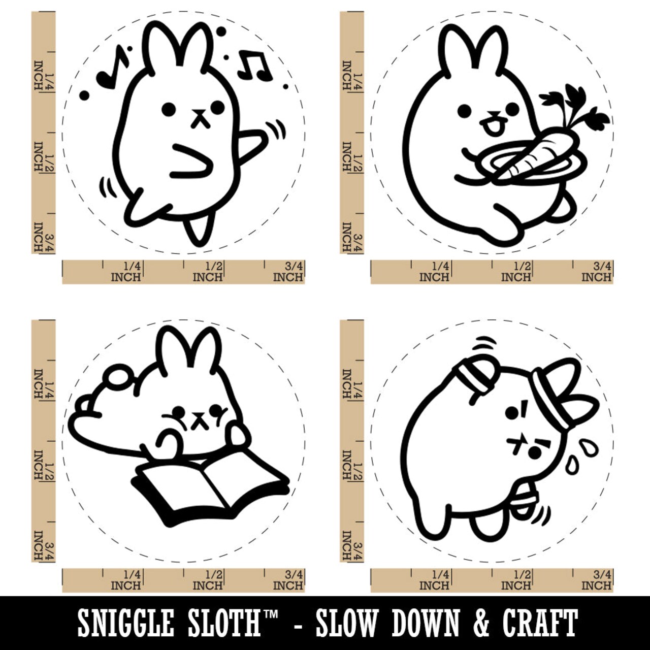 Kawaii Bunny Rabbit Exercising Dancing Reading Eating Rubber Stamp Set for Stamping Crafting Planners